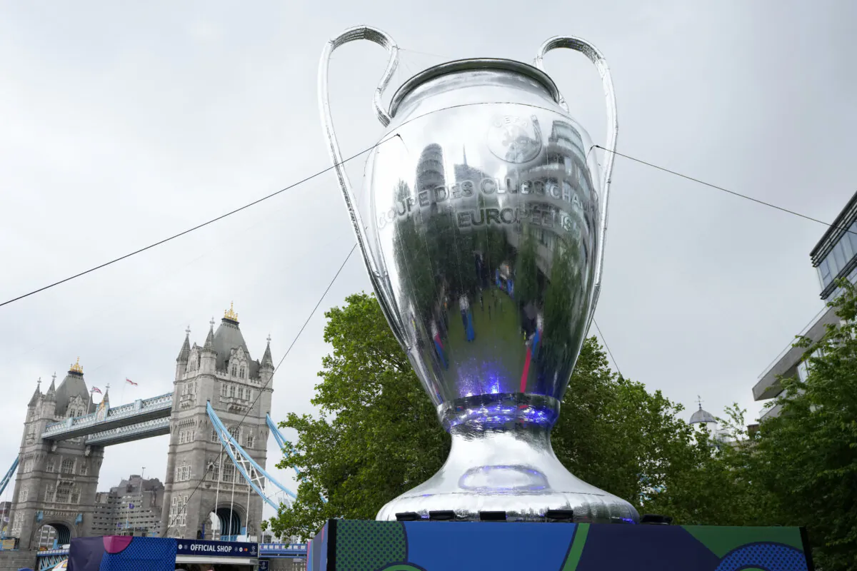 A giant replica of the Champions League Trophy stands at the Champions Festival in Potters Fields Park near Tower Bridge in London, on May 30, 2024. (Kirsty Wigglesworth/AP Photo)