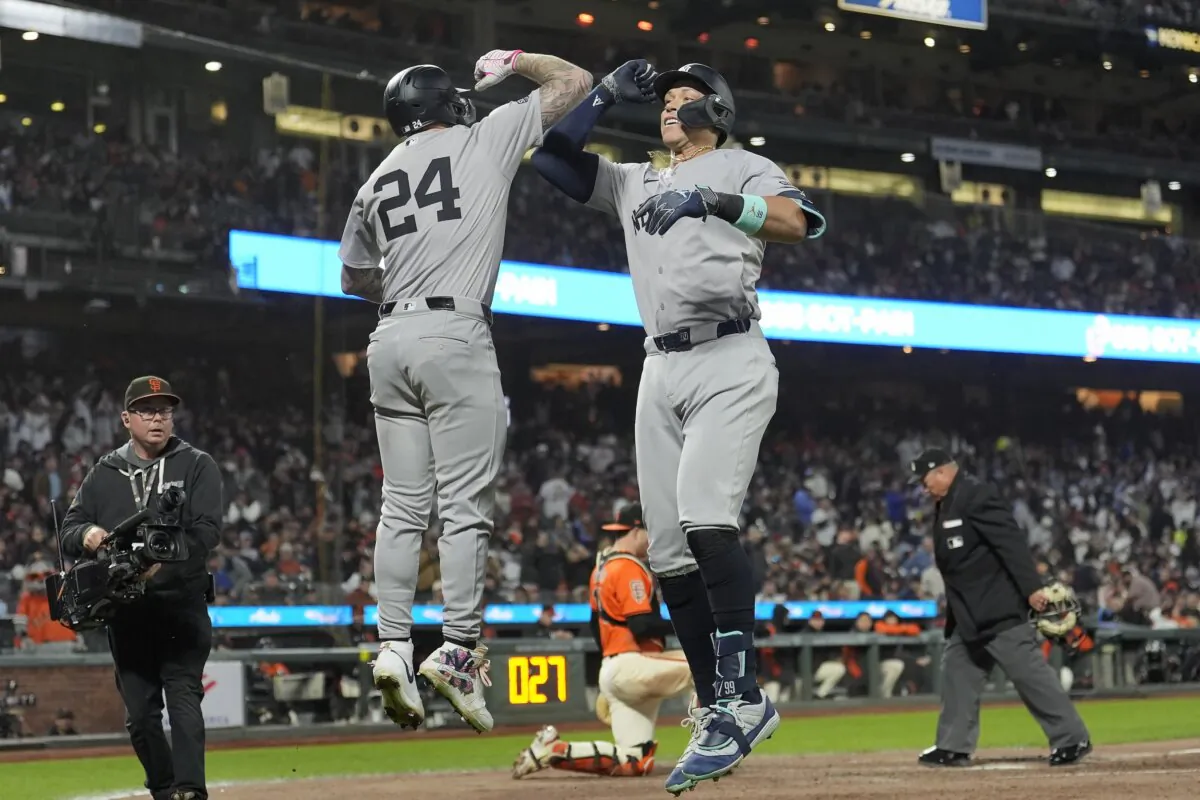 New York Yankees' Aaron Judge, front right, is congratulated by Alex Verdugo (24) for a home run against the San Francisco Giants during the sixth inning of a baseball game in San Francisco on May 31, 2024. (Jeff Chiu/AP Photo)