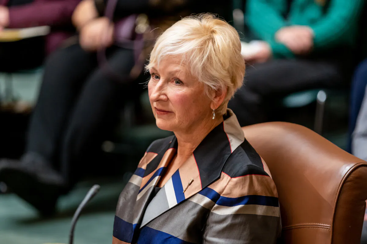 Saskatchewan Rivers MLA Nadine Wilson sits during the speech from the throne at the Saskatchewan Legislature in Regina, on Oct. 26, 2022. (The Canadian Press/Heywood Yu)