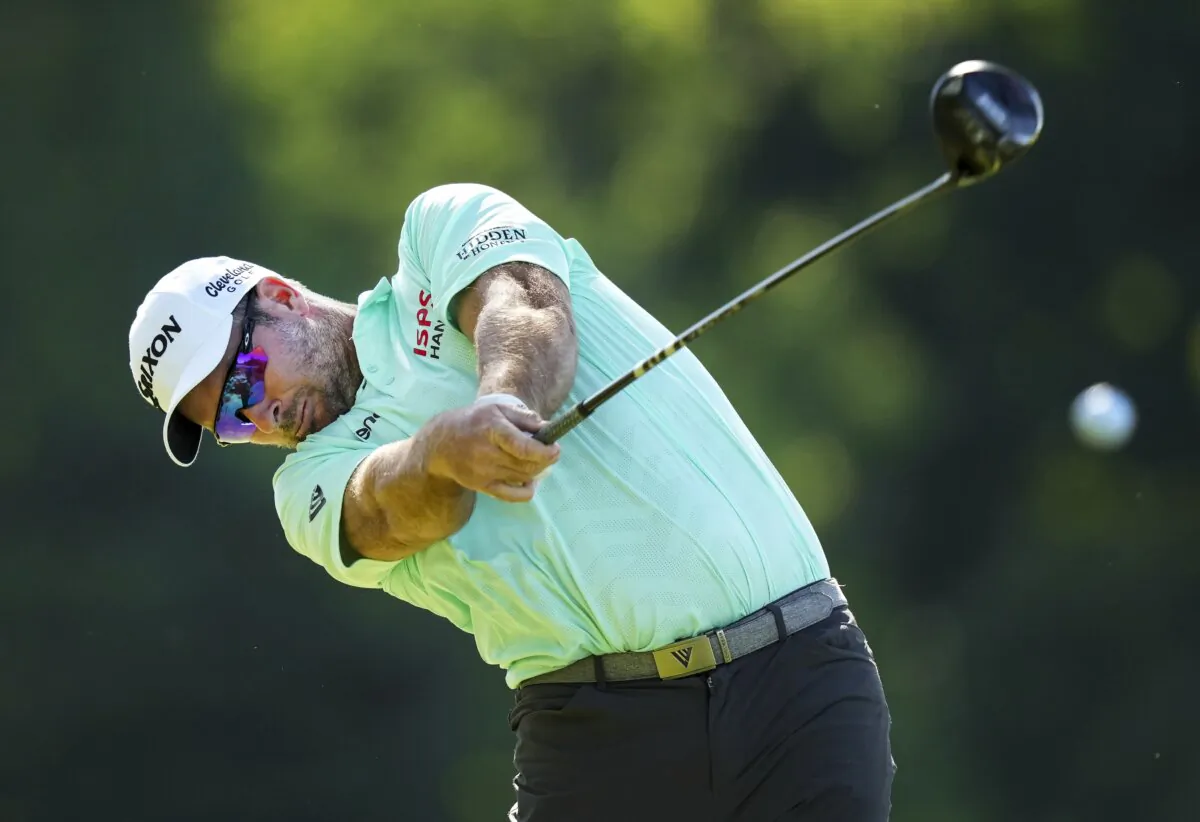 Ryan Fox tees off on the fourth hole during the second round of the Canadian Open golf tournament in Hamilton, Ontario, on May 31, 2024. (Nathan Denette/The Canadian Press via AP)
