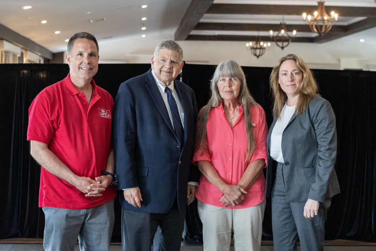 (From L to R) New York state Assembly candidate Tom Lapolla, state Conservative Party Chair Gerald Kassar, Orange County Conservative Party Chair Grace White, and congressional candidate Alison Esposito in Campbell Hall, N.Y., on May 30, 2024. (Cara Ding/The Epoch Times)