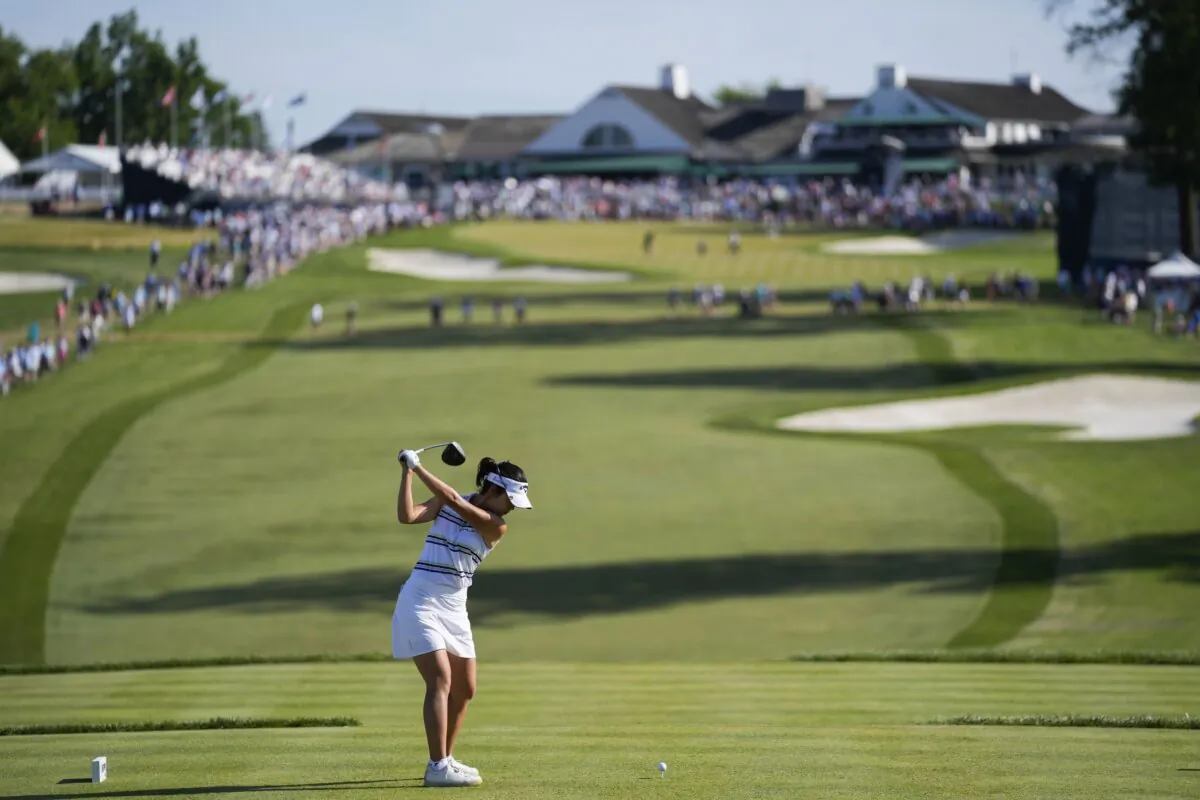 Andrea Lee hits off the 18th tee during the third round of the U.S. Women's Open golf tournament at Lancaster Country Club in Lancaster, Pa., on June 1, 2024 (Matt Slocum/AP Photo)
