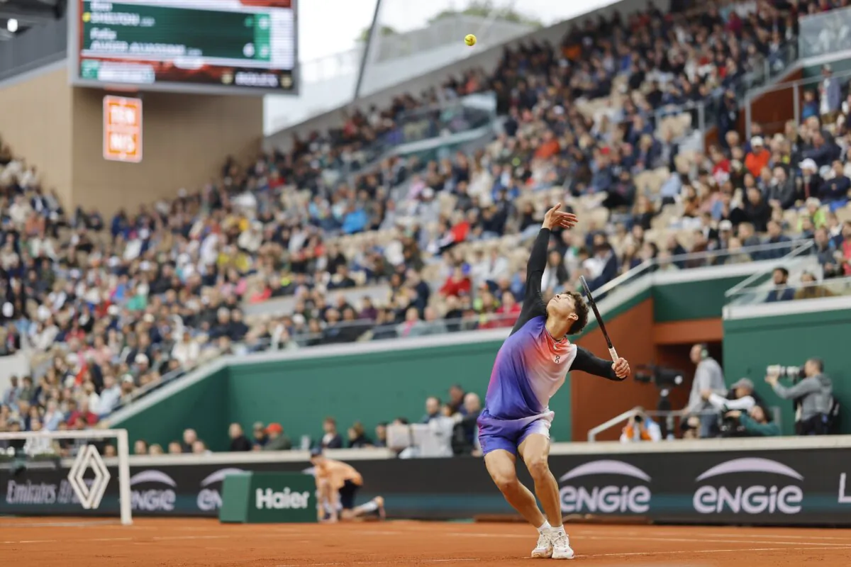 Ben Shelton of the U.S. serves against Canada's Felix Auger-Aliassime during their third round match of the French Open tennis tournament at the Roland Garros stadium in Paris on June 1, 2024. (Jean-Francois Badias/AP Photo)