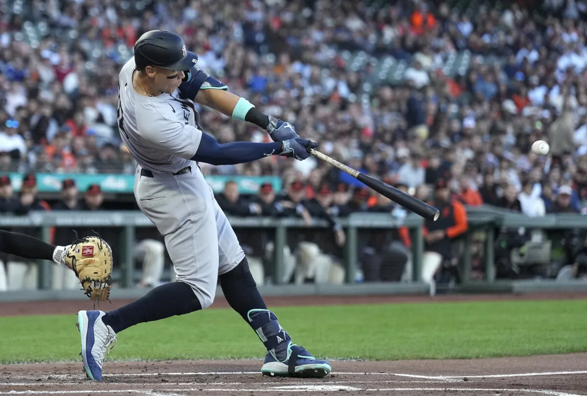 Aaron Judge (99) of the New York Yankees hits a two-run home run against the San Francisco Giants in the top of the first inning at Oracle Park in San Francisco on June 1, 2024. (Thearon W. Henderson/Getty Images)