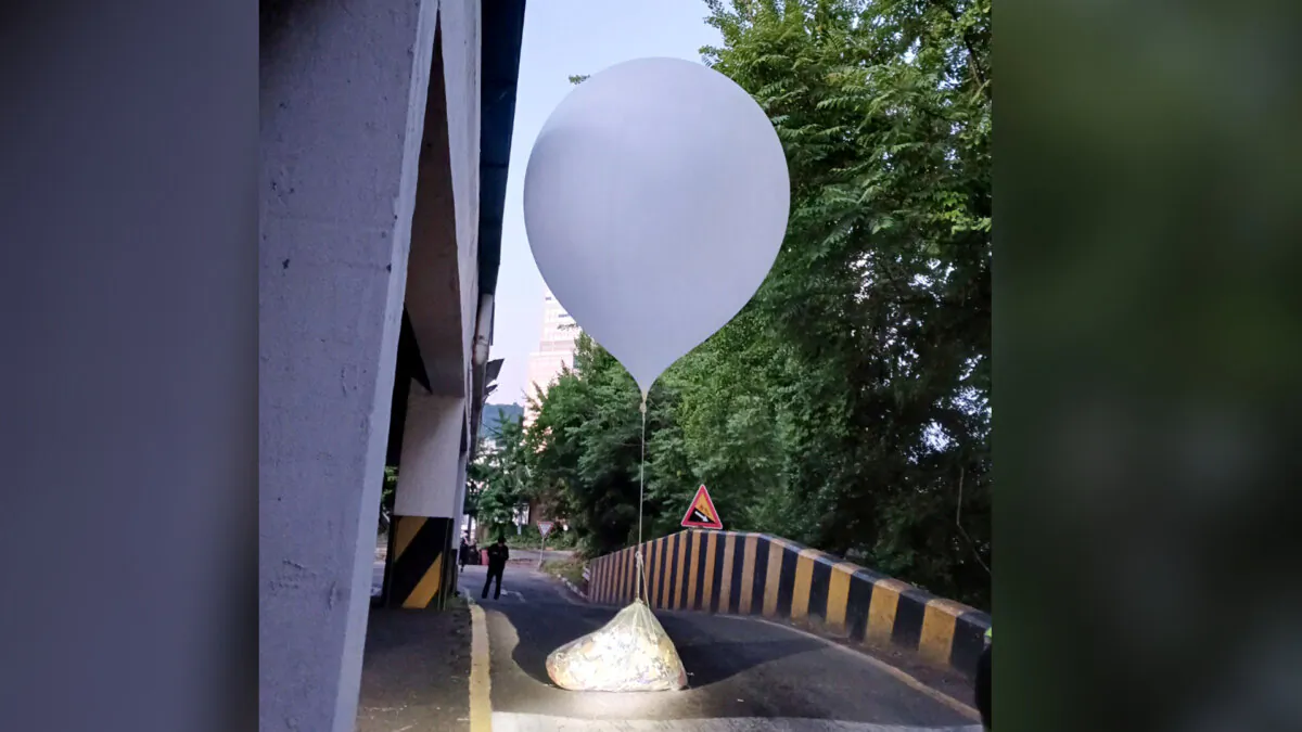 A balloon with trash presumably sent by North Korea, in Incheon, South Korea, on June 2, 2024. (Incheon Fire Headquarters, via AP)