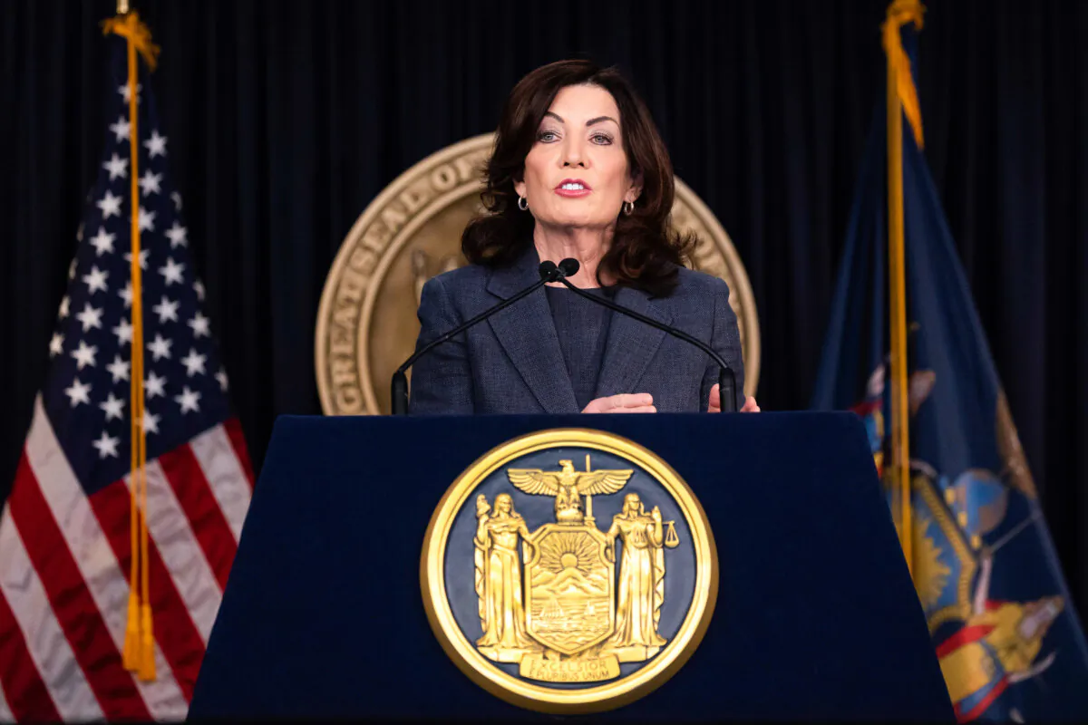 New York Governor Kathy Hochul addresses the media during a press conference in New York on March 13, 2023. (Yuki Iwamura/AP Photo)
