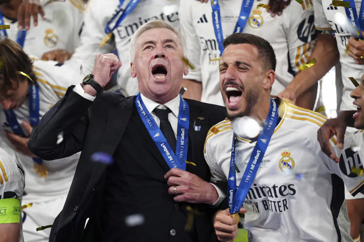 Real Madrid manager Carlo Ancelotti celebrates after winning the Champions League final in London on June 1, 2024. (Mike Egerton/PA via AP)