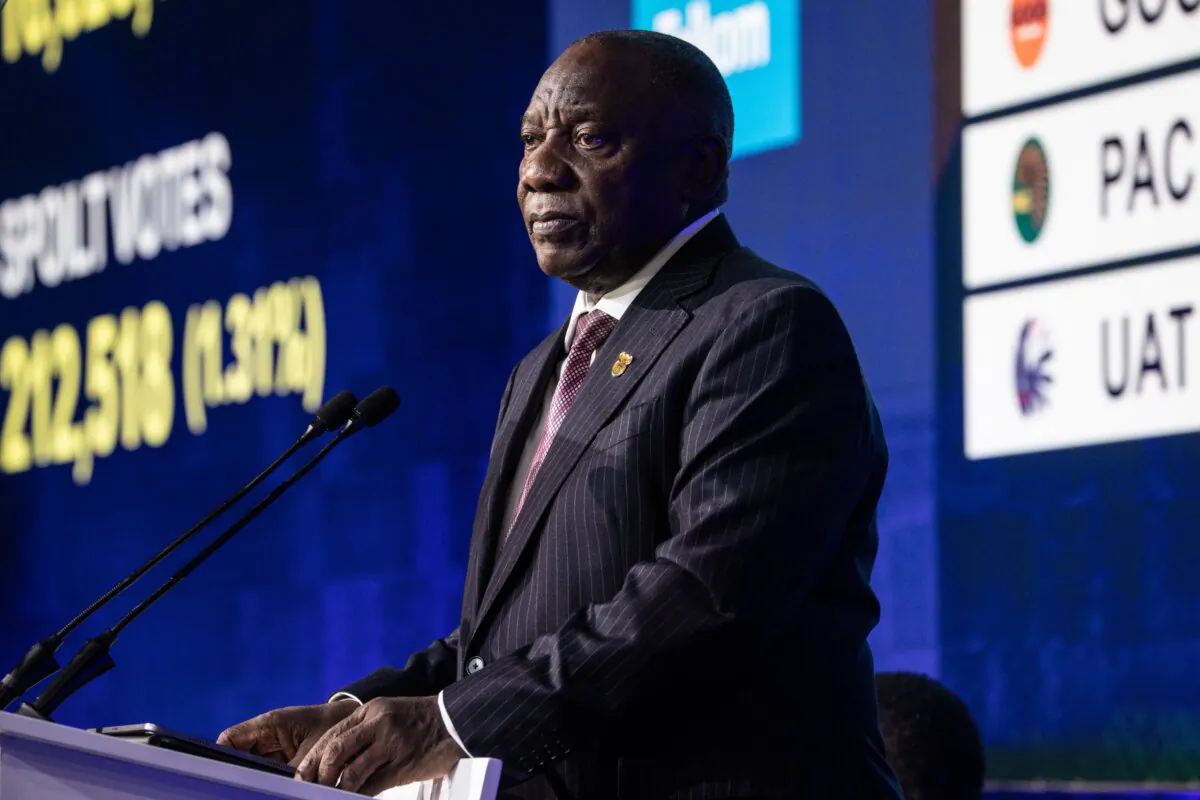 President of the ruling African National Congress (ANC) and South African President, Cyril Ramaphosa speaks to the audience during the official election results announcement ceremony at the IEC National Results Center,  in Johannesburg, South Africa, on June 2, 2024. (Chris McGrath/Getty Images)