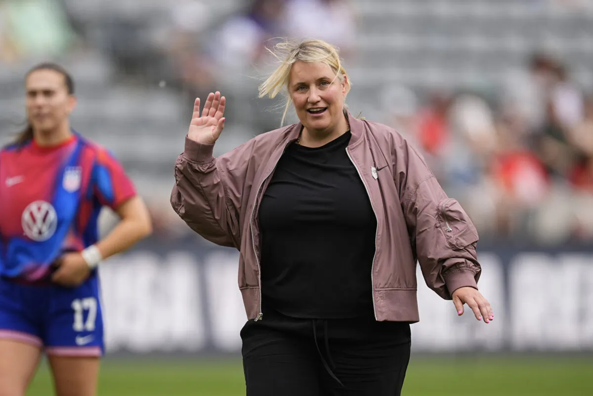 U.S. women's national team head coach Emma Hayes waves to fans before facing South Korea in an international friendly soccer game, in Dick's Sporting Goods Park in Commerce City, Colo., on June 1, 2024. (David Zalubowski/AP Photo)