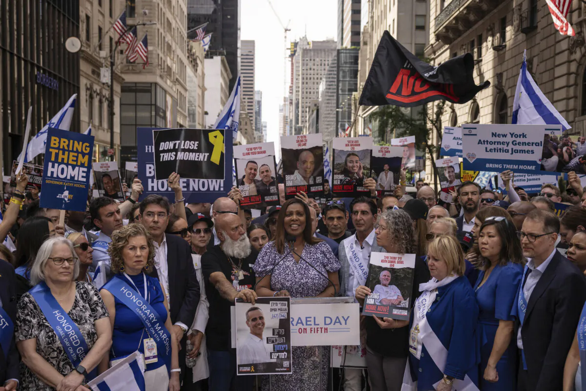 New York Attorney General Letitia James speaks during the annual Israel Day Parade on Fifth Avenue, in New York, on June 2, 2024. (Yuki Iwamura/AP Photo)