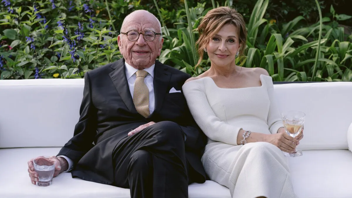 Rupert Murdoch and Elena Zhukova posing for a photo, during their wedding ceremony at his vineyard estate in Bel Air, Calif., on June 1, 2024. (News Corp. via AP)