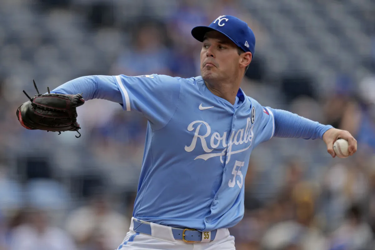 Kansas City Royals starting pitcher Cole Ragans throws during the first inning of a baseball game against the San Diego Padres in Kansas City, Mo., on June 2, 2024. (Charlie Riedel/AP Photo)