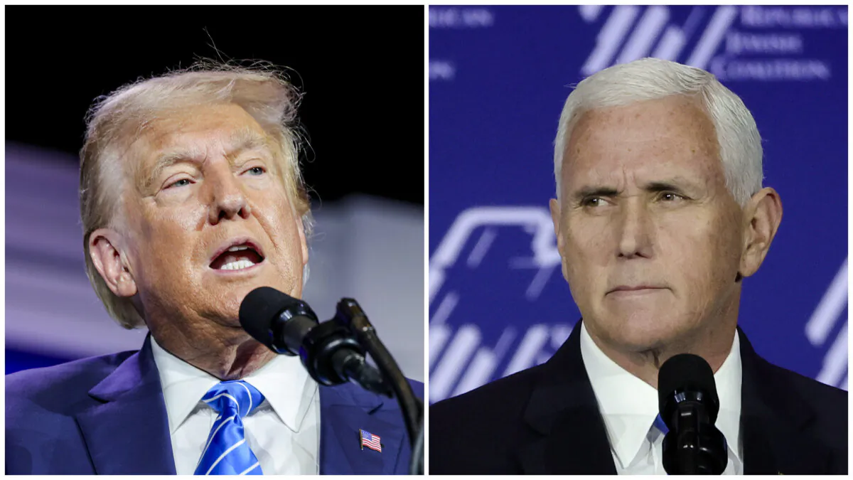 (Left) Republican presidential candidate former President Donald Trump speaks during the Republican Jewish Coalition's Annual Leadership Summit at The Venetian Resort Las Vegas in Las Vegas on Oct. 28, 2023. (Right) Republican presidential candidate former Vice President Mike Pence speaks during the Republican Jewish Coalition's Annual Leadership Summit at The Venetian Resort Las Vegas in Las Vegas on Oct. 28, 2023. (Ethan Miller/Getty Images)
