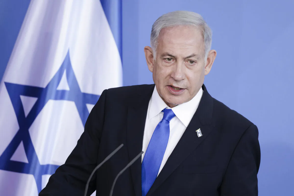 Israeli Prime Minister Benjamin Netanyahu and German Chancellor Olaf Scholz (not pictured) speak to the media following talks at the Chancellery in Berlin on March 16, 2023. (Sean Gallup/Getty Images)