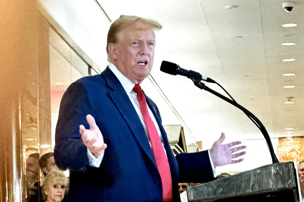 Former President Donald Trump speaks to media at Trump Tower in New York City on May 31, 2024. (Juliette Fairley/The Epoch Times)