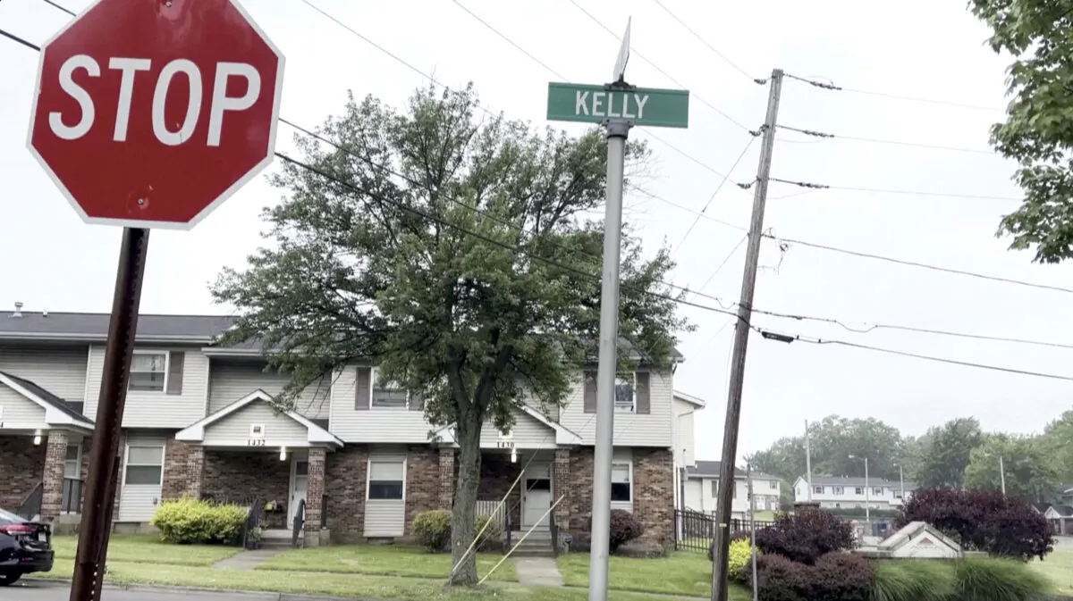 The intersection of Kelly Ave and 8th Ave, where a shooting  took place overnight, in Arkon, Ohio, on June 2, 2024, in a still from video. (Reuters/Screenshot via The Epoch Times)