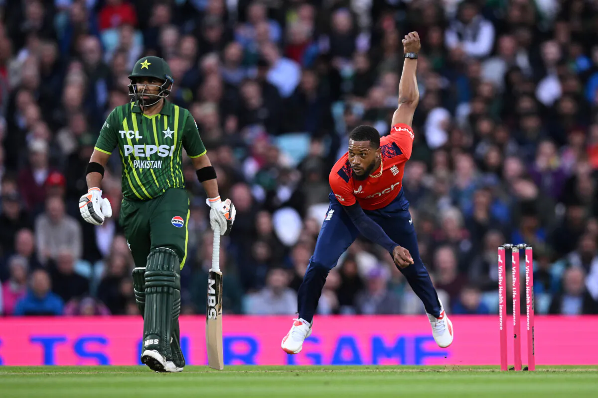 Chris Jordan of England bowls during the 4th Vitality IT20 match between England and Pakistan at The Kia Oval on May 30, 2024 in London, England. (Justin Setterfield/Getty Images)
