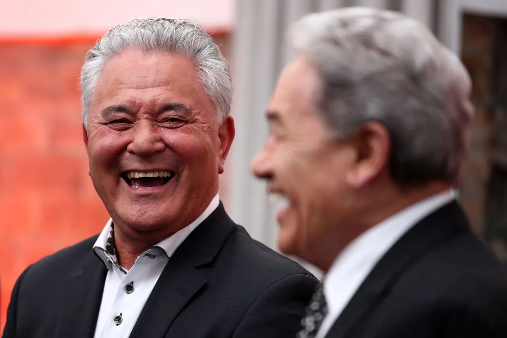 Maori Party co-leader Jahn Tamihere (L) and New Zealand First leader Winston Peters (R) share a joke during Newshub Nation's Powerbrokers Debate in Auckland, New Zealand on Oct. 1, 2020. (Fiona Goodall/Getty Images)