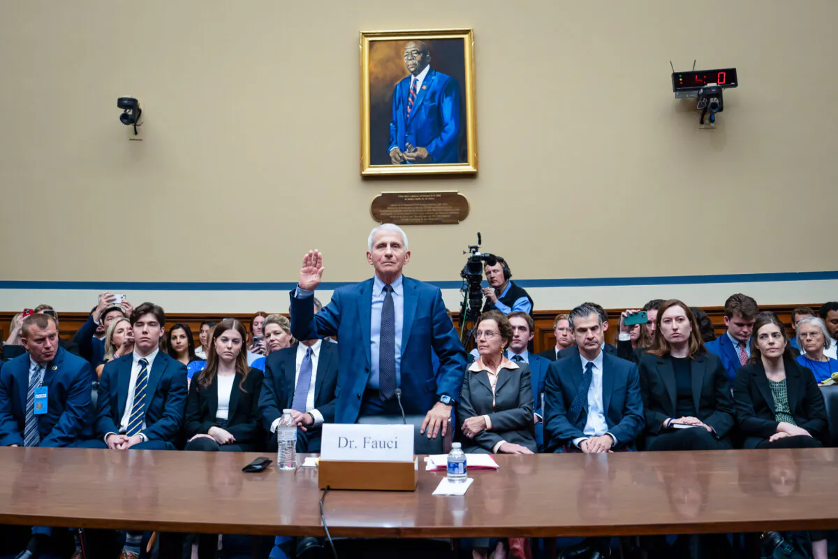Dr. Anthony Fauci is sworn in ahead of testifying before the Select Subcommittee on the Coronavirus Pandemic in Washington, on June 3, 2024. (Madalina Vasiliu/The Epoch Times)
