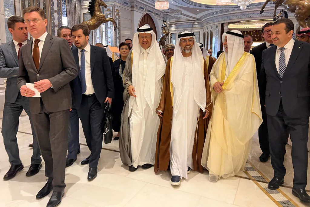 Russia's Energy Minister Alexander Novak (L) and his counterparts from Saudi Arabia Prince Abdulaziz bin Salman (C-L) and the UAE's Suhail Al-Mazroui (C-R) walk out with other delegates after the end of OPEC meeting in Riyadh, on June 2, 2024. (Haitham el-Tabel/AFP via Getty Images)