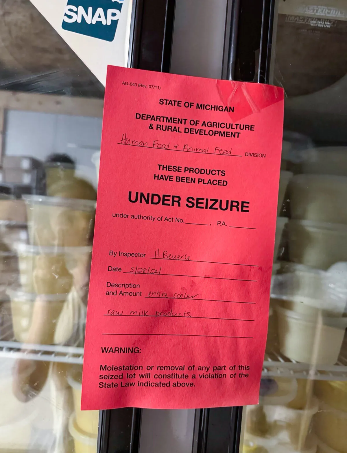 Dairy products of Nourish Cooperative in Marcellus, Michigan, on May 29, 2024. The co-op had products seized by local authorities on May 29. (Courtesy of Brandon Embree)