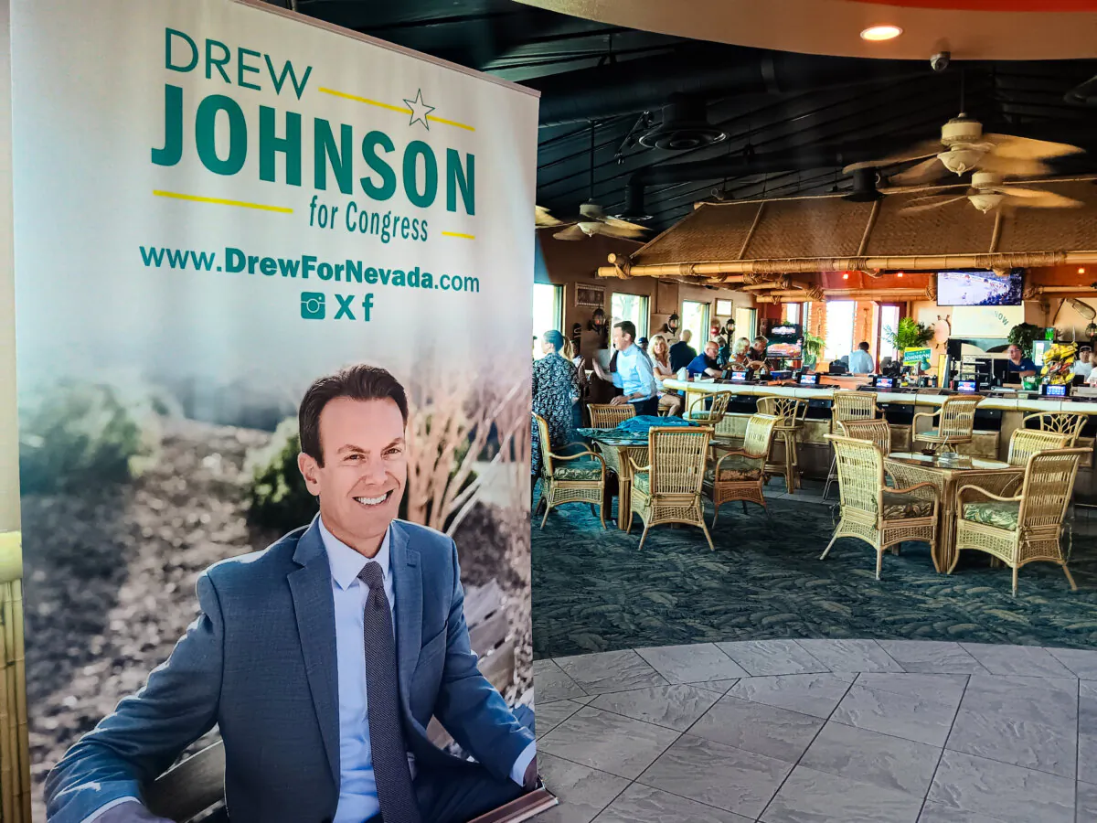 A Drew Johnson campaign event at Gilligan's in Laughlin, Nevada, on May 7, 2024. (Nathan Worcester/The Epoch Times)