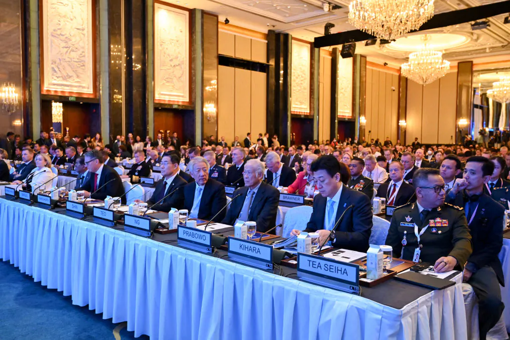 (From R) Cambodia's Defense Minister Tea Seiha, Japan's Defense Minister Minoru Kihara, Singapore's Defense Minister Ng Eng Hen, Singapore Senior Minister and Coordinating Minister for National Security Teo Chee Hean, and others attend the 21st Shangri-La Dialogue summit in Singapore on June 1, 2024. (Nhac Nguyen/AFP/Getty Images)