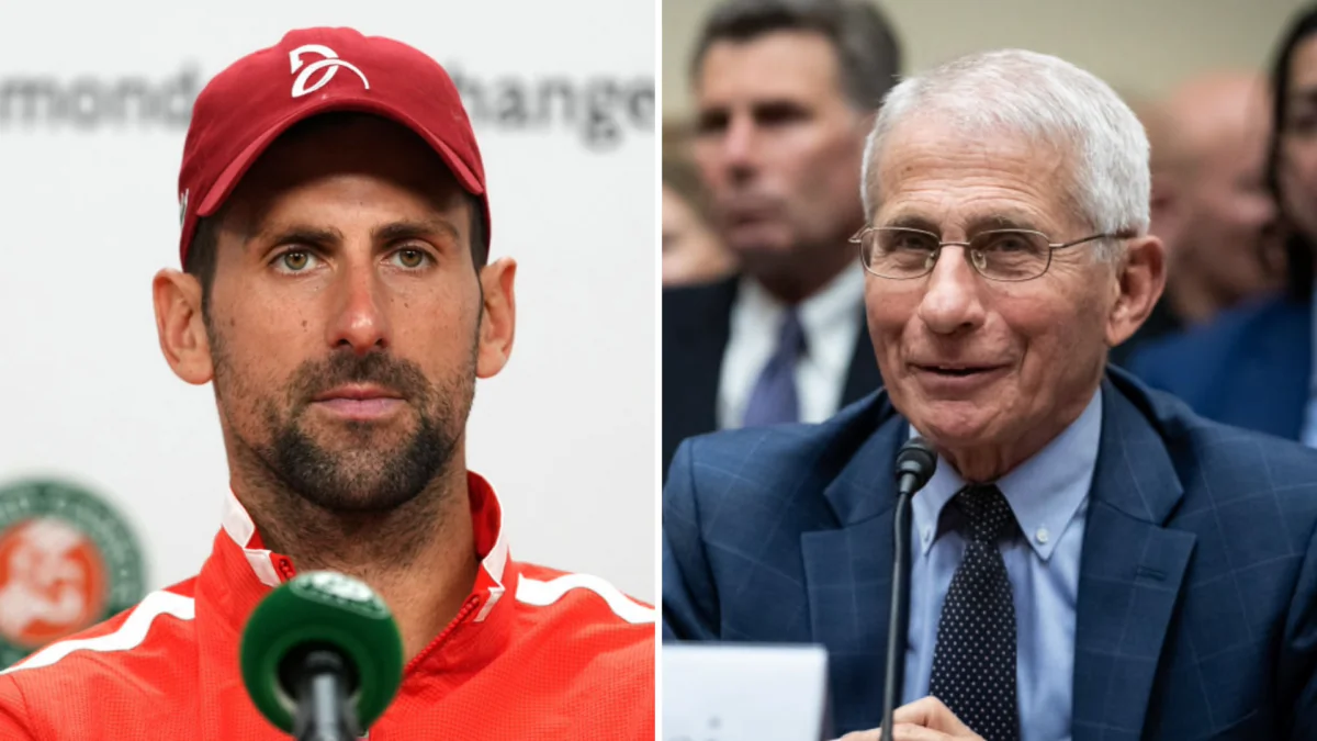 (L) Novak Djokovic holds a press conference after winning the men's singles round of sixteen matches against Argentina's Francisco Cerundolo on day nine of the French Open tennis tournament at the Roland Garros Complex in Paris on June 3, 2024. (R) Dr. Anthony Fauci, former Director of the National Institute of Allergy and Infectious Diseases, testifies before the House Select Committee on the Coronavirus, in Washington, DC, on June 3, 2024. (Dimitar Dilkoff/AFP via Getty Images; Allison Bailey/Middle East Images/AFP via Getty Images)