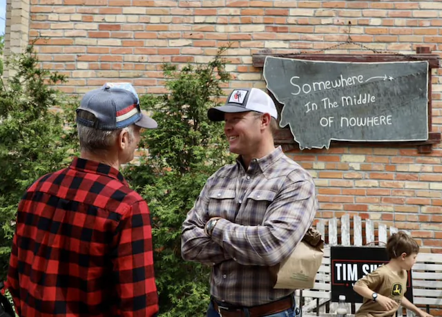 Montana Republican U.S. Senate candidate Tim Sheehy speaks with a voter during a May 31 campaign stump in Glasgow, Montana. (Tim Sheehy for Montana)