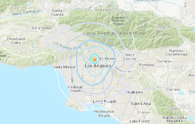 A small earthquake with a preliminary magnitude of 3.0 struck near South Pasadena, Calif., on June 4, 2024. (U.S. Geological Survey/Screenshot via The Epoch Times)