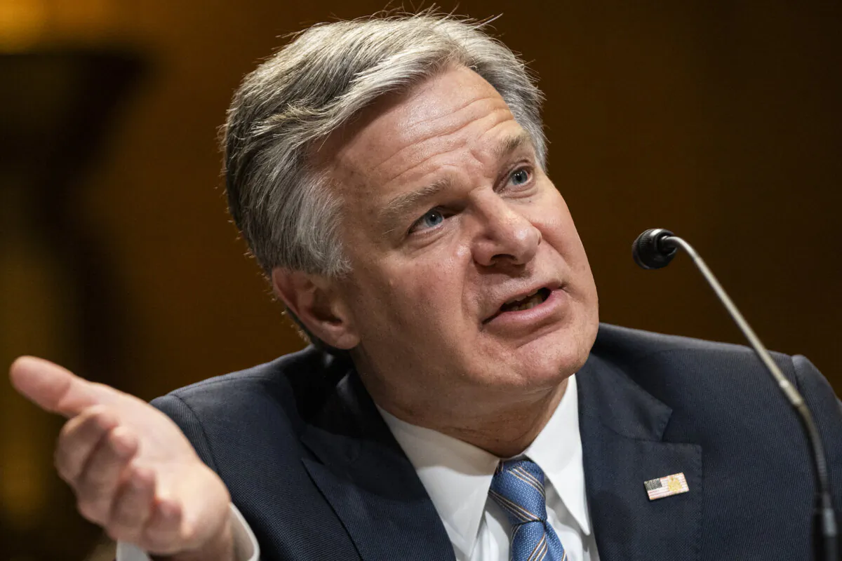 FBI Director Christopher Wray testifies during a Senate Appropriations Subcommittee hearing on the FBI's proposed budget for the 2025 fiscal year in Washington on June 4, 2024. (Samuel Corum/Getty Images)