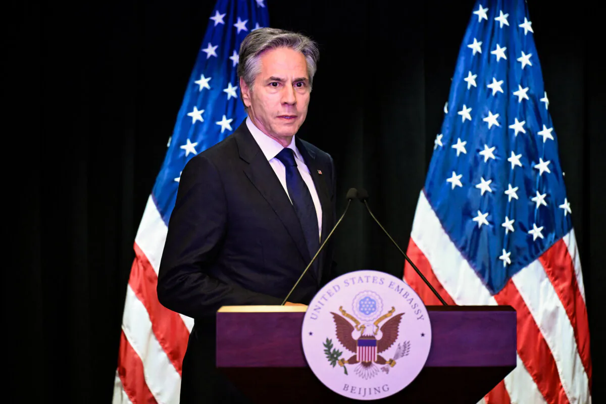 U.S. Secretary of State Antony Blinken attends a news conference at the U.S. Embassy in Beijing on April 26, 2024. (Wang Zhao/AFP via Getty Images)