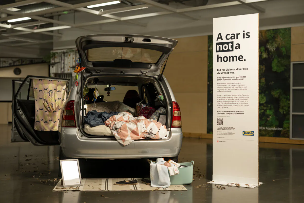 Installations highlights homelessness feature family possessions stuffed inside a car, tent and living room at Ikea in Sydney, Australia, (AAP Image/Supplied, Mark Jezercic)