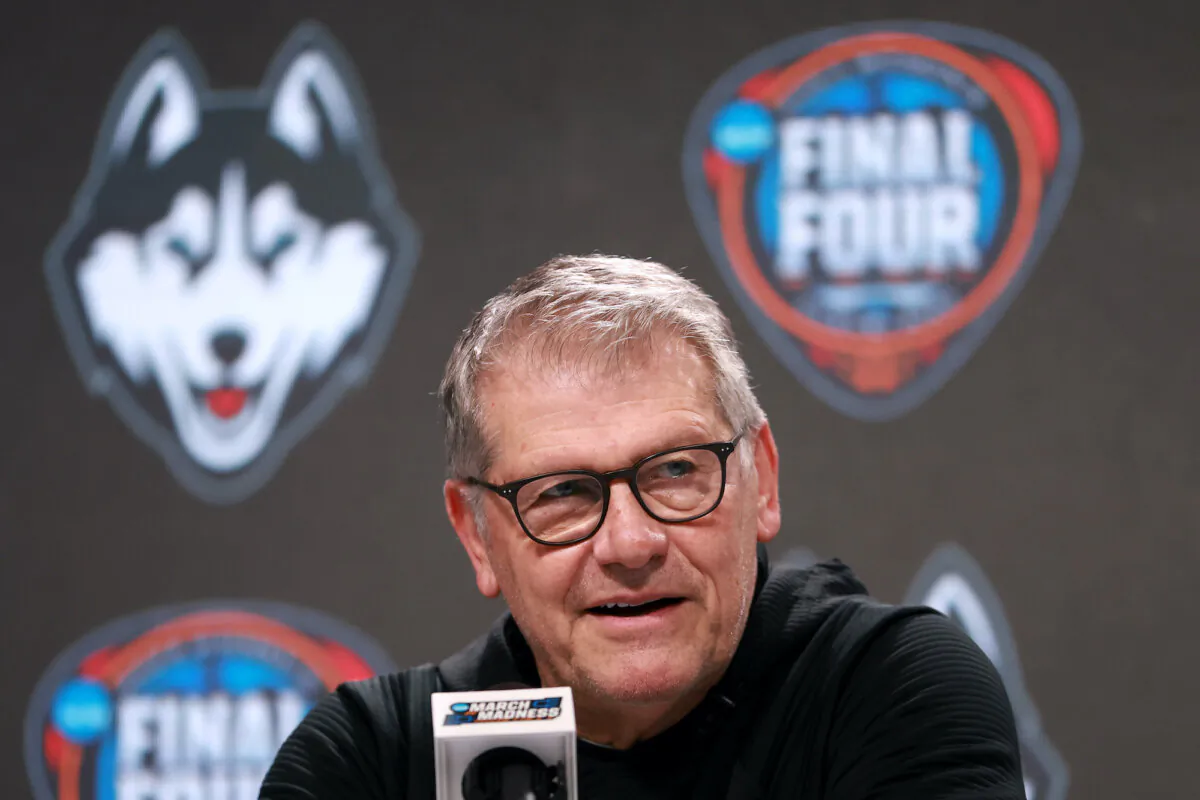 Head coach Geno Auriemma of the Connecticut Huskies speaks during a press conference ahead of the 2024 NCAA Women's Basketball Tournament Final Four at Rocket Mortgage Fieldhouse in Cleveland, Ohio, on April 4, 2024. (Gregory Shamus/Getty Images)