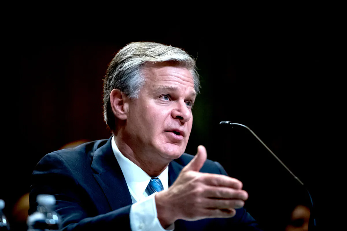 FBI Director Christopher Wray testifies about the bureau’s budgetary needs during a Senate Appropriations Committee hearing in Washington on June 4, 2024. (Allison Bailey/Middle East Images via AFP via Getty Images)