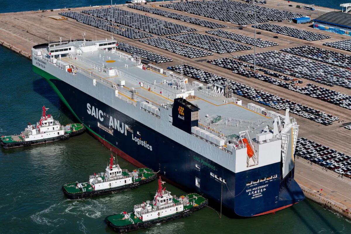 Cars for export waiting to be loaded on the "SAIC Anji Eternity," a domestically manufactured vessel intended to export Chinese automobiles, at Yantai port, China's Shandong Province, China, on May 15, 2024. (STR/AFP via Getty Images)