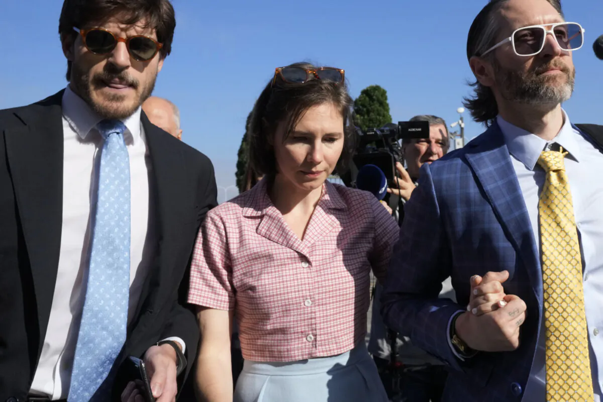 Amanda Knox arrives at the Florence courtroom in Florence, Italy, on June 5, 2024. (AP Photo/Antonio Calanni)