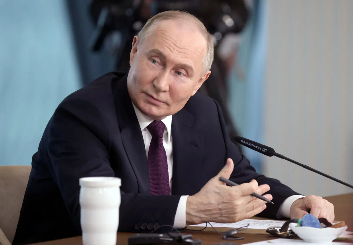 Russian President Vladimir Putin speaks during a meeting with senior editors from international news agencies at Lakhta Centre business tower in Saint Petersburg, Russia, on June 5, 2024. (Valentina Pevtsova/Sputnik/Pool via Reuters)
