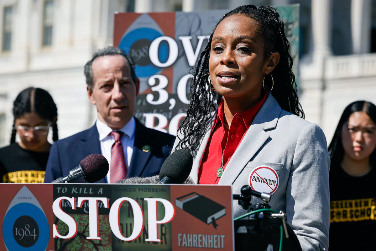Rep. Shontel Brown (D-Ohio) speaks during a news conference with Rep. Jamie Raskin (D-Md.) and fellow House Democrats outside the U.S. Capitol in Washington on Sept. 27, 2023. (Chip Somodevilla/Getty Images)