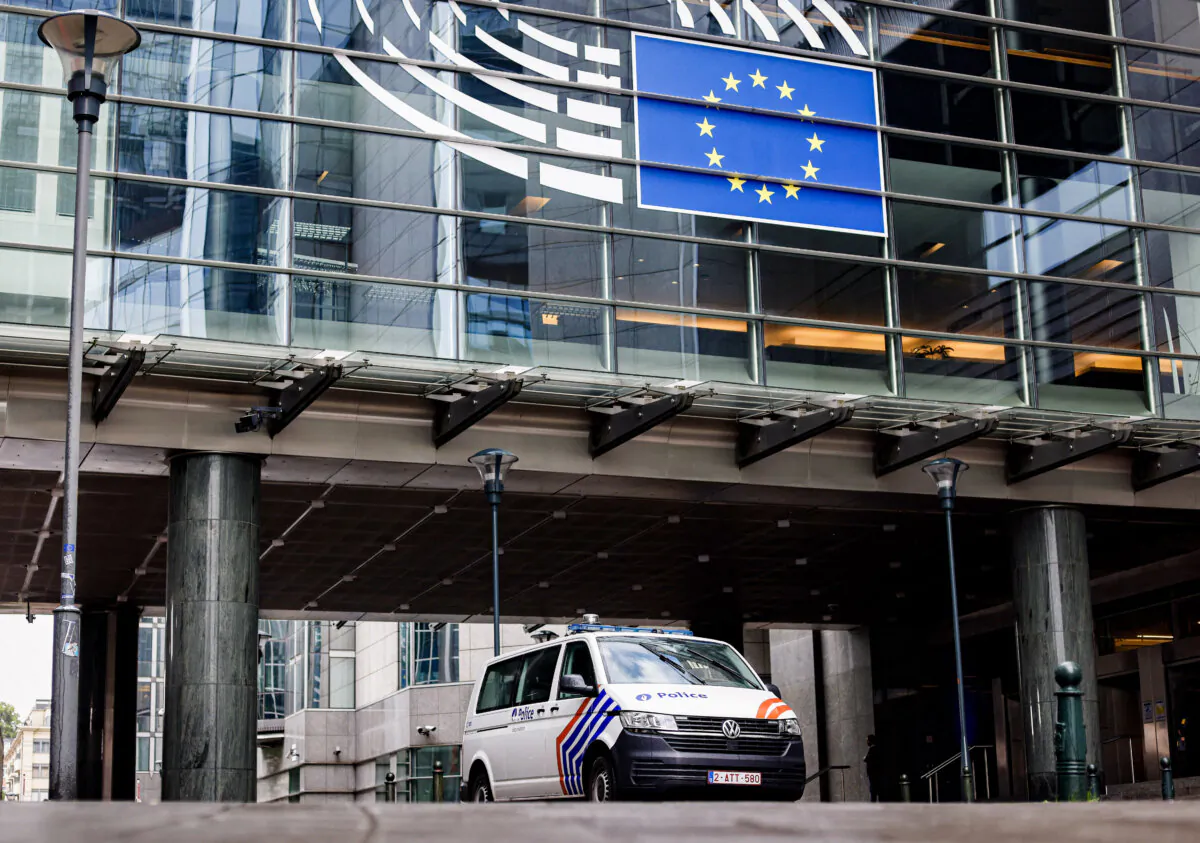 A police vehicle is stationed in front of the European Parliament building in Brussels, Belgium, on May 29, 2024. (Kenzo Tribouillard/AFP via Getty Images)