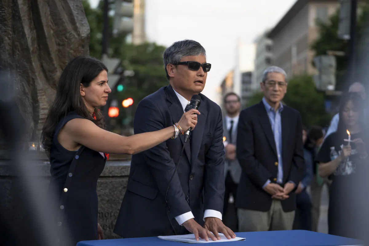 Chen Guangcheng, a distinguished fellow at the Center for Human Rights at Catholic University, speaks during the commemoration of the June 4, 1989, Tiananmen Square Massacre at the Victims of Communism Memorial in Washington on June 3, 2024. (Madalina Vasiliu/The Epoch Times)
