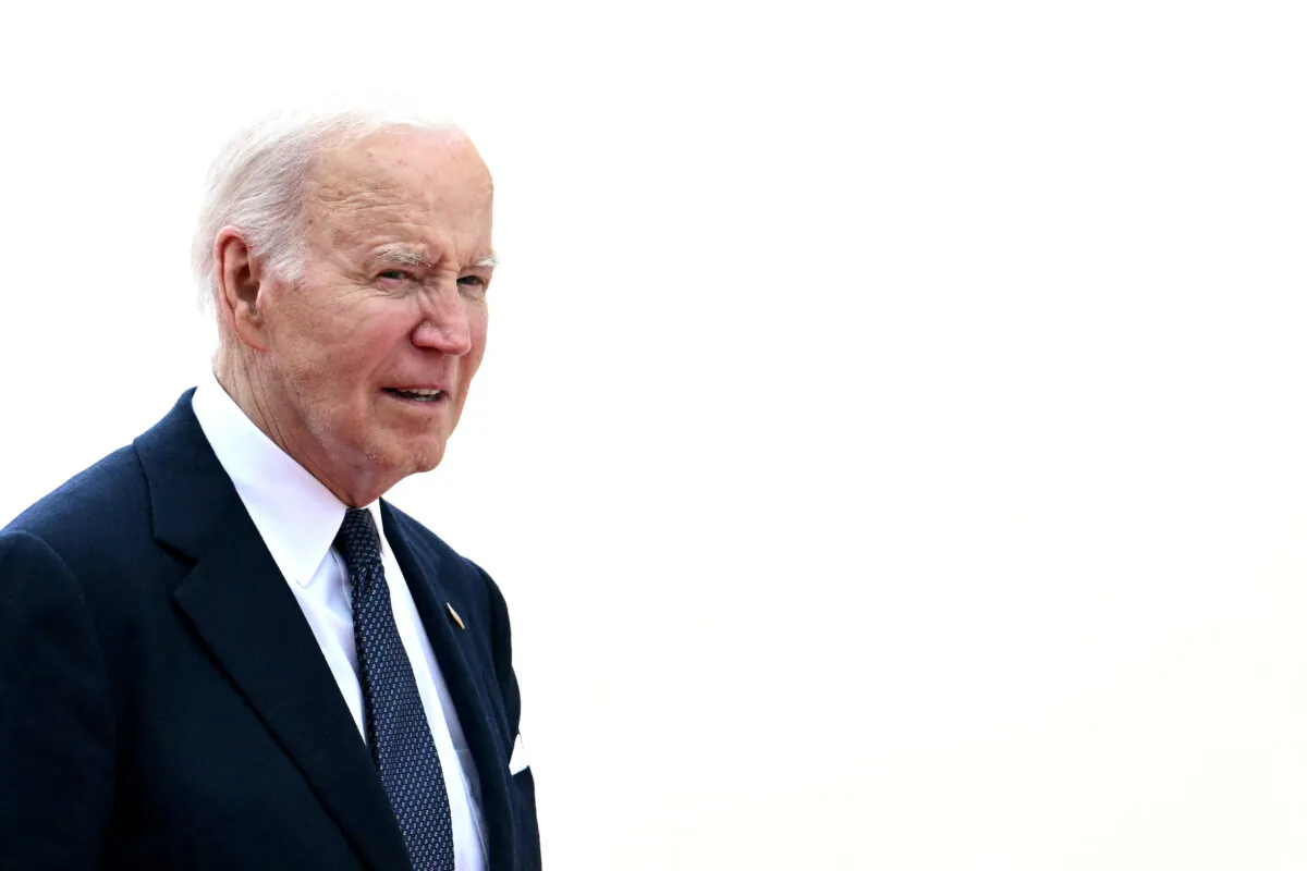 President Joe Biden arrives to the International commemorative ceremony at Omaha Beach marking the 80th anniversary of the World War II "D-Day" Allied landings in Normandy, in Saint-Laurent-sur-Mer, in northwestern France, on June 6, 2024. (Miguel Medina/AFP via Getty Images)