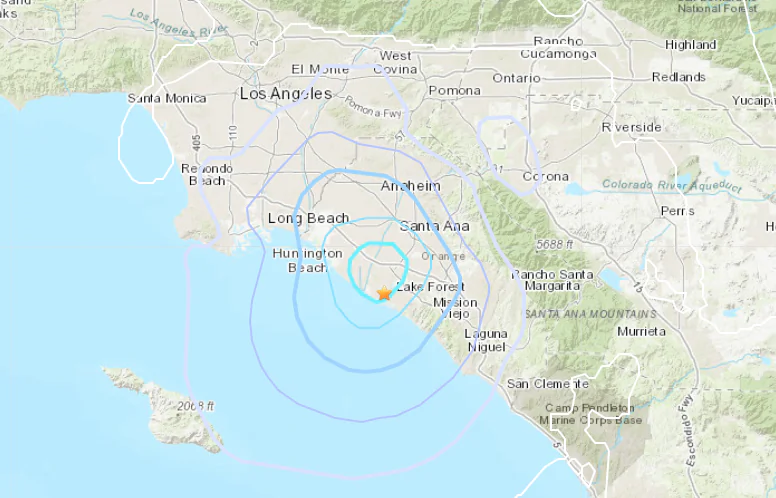 An earthquake with a magnitude of 3.6 hits about a mile southeast of Costa Mesa, Calif., on June 6, 2024. (U.S. Geological Survey/Screenshot via The Epoch Times)
