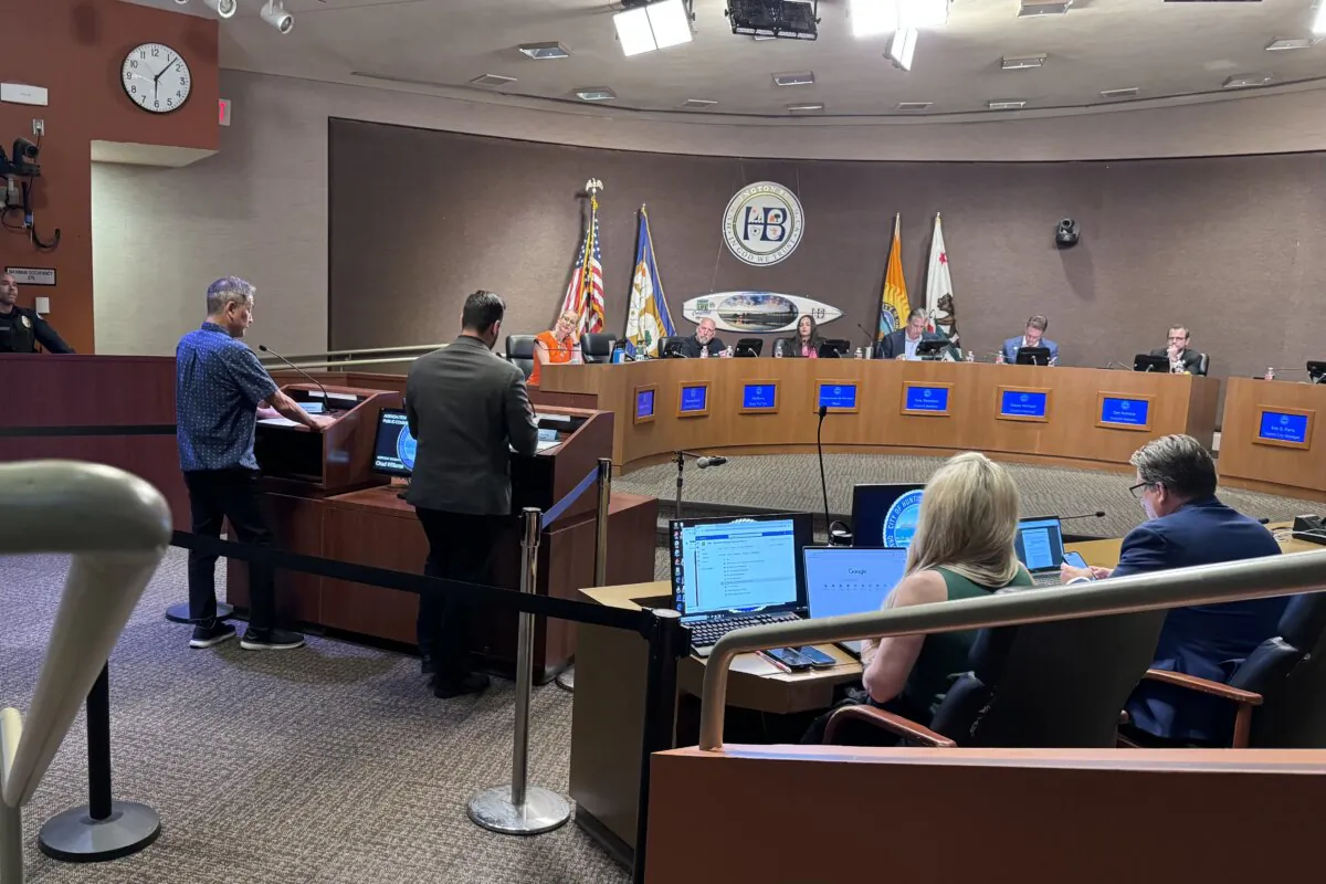 Residents speak during public comments at a city council meeting in Huntington Beach, Calif., on June 4, 2024. (Rudy Blalock/The Epoch Times)