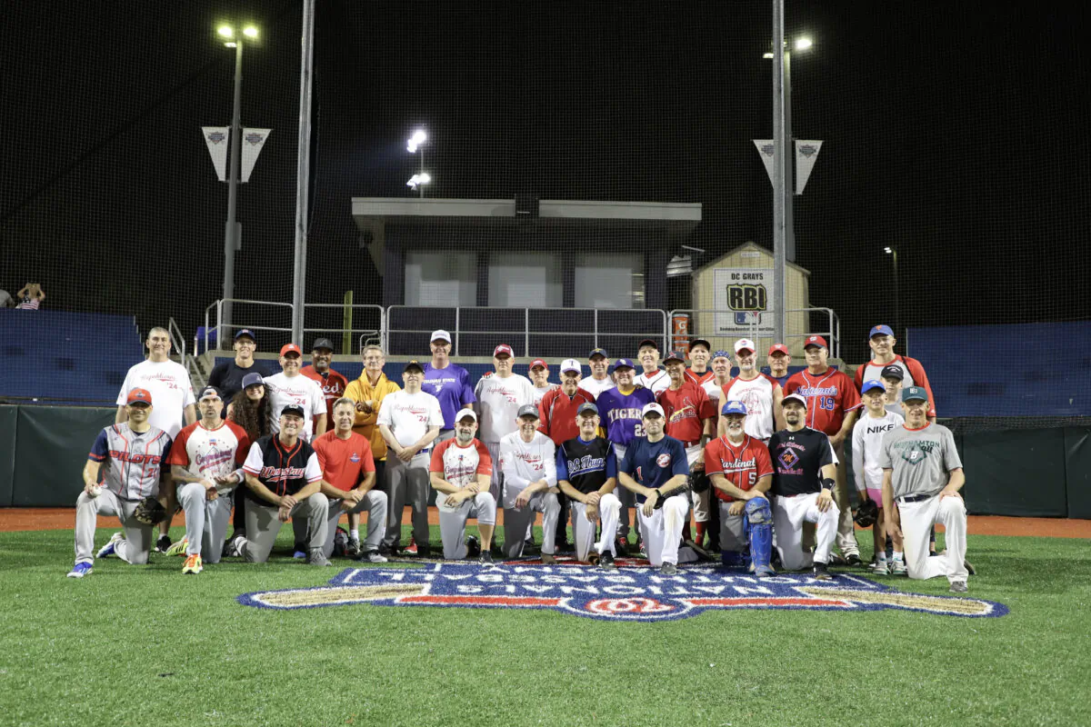 GOP players participating in the 2024 Congressional Baseball Game pose for a team photo after practice on June 4, 2024. (Madeline Waschak/Office of Rep. Roger Williams (R-Texas).)