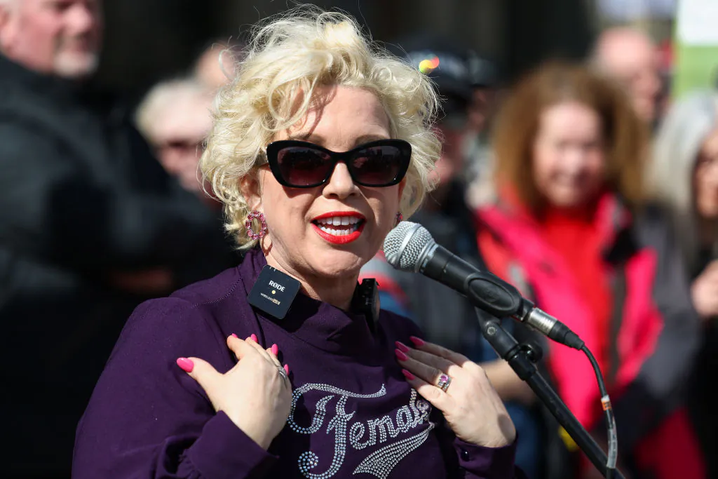 Political activist, Kellie-Jay Keen-Minshull also known as Posie Parker, addresses a demonstration by Let Women Speak at the mound in Edinburgh, Scotland, on April 6, 2024. (Jeff J Mitchell/Getty Images)