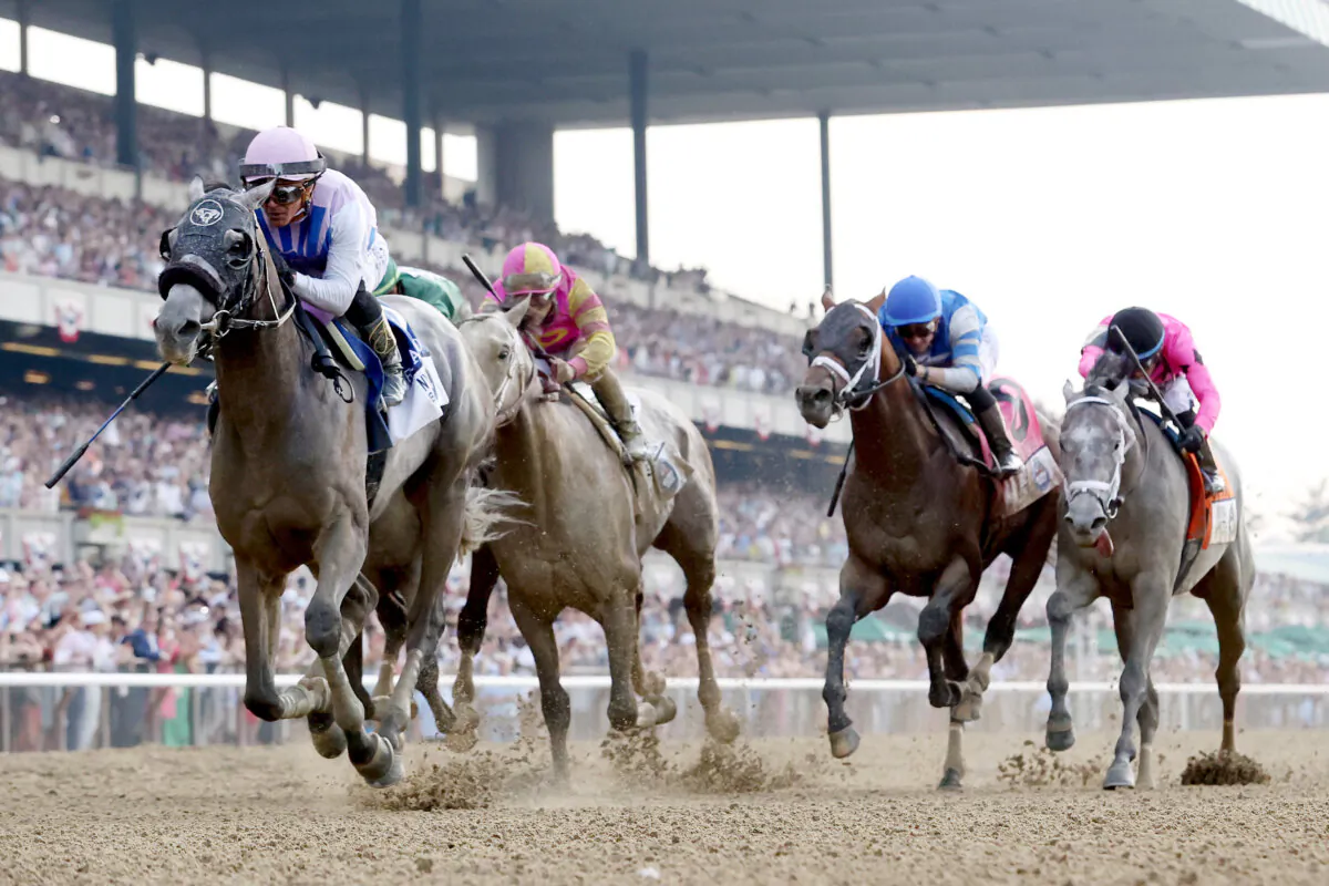 Arcangelo, with jockey Javier Castellano, wins the 155th Running of the Belmont Stakes on June 10, 2023 in Elmont, New York. (Sarah Stier/Getty Images)