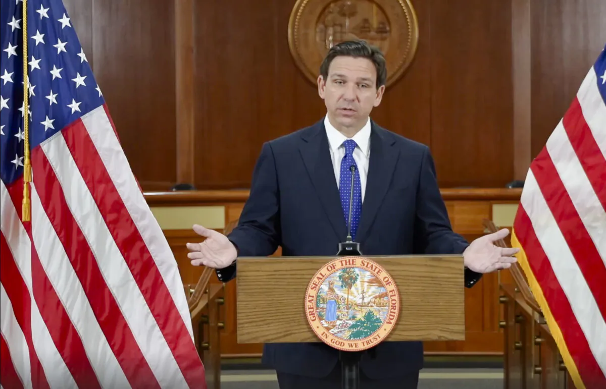 Florida Gov. Ron DeSantis speaks at a press conference in Tallahassee, Fla., on Aug. 9, 2023. (Ron DeSantis/Screenshot via The Epoch Times) 