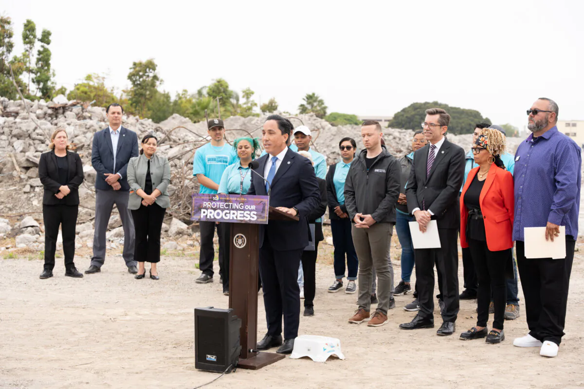 San Diego Mayor Todd Gloria speaks at the press conference at H Barracks to rally support for his proposed budget, in San Diego on June 6, 2024. (Jane Yang/The Epoch Times)
