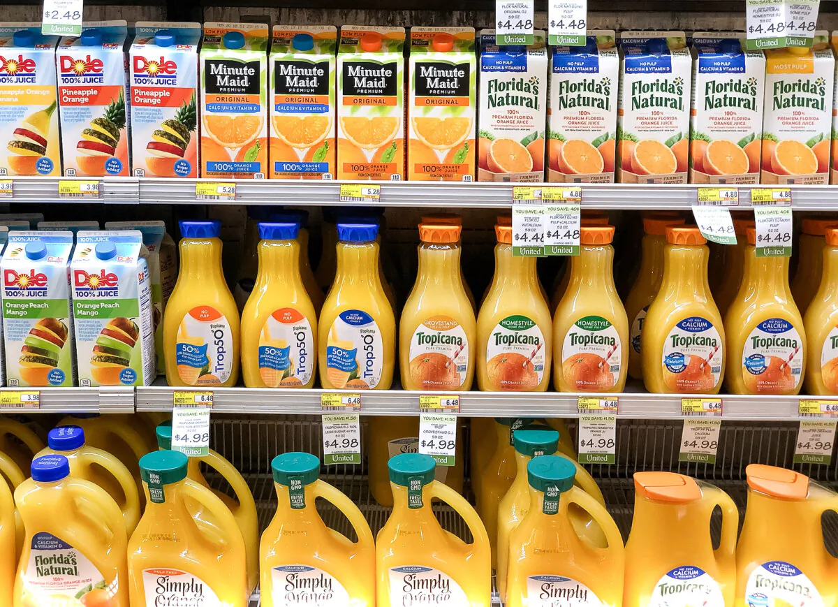 Containers of orange juice are displayed on a shelf at a grocery store in San Rafael, Calif., on Oct. 29, 2018. (Justin Sullivan/Getty Images)